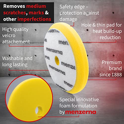 menzerna 6 Inch Polishing Pad Medium Cut for Medium Fine Polishing I Body Repair & Detailing Pads with Safety Edge & Velcro Attachment I Washable & Long Lasting I with Hole for Anti Heat Build-Up