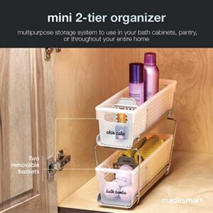 Madesmart 2-Tier Plastic Mini Multipurpose Organizer with Divided Slide-Out Storage Bins, Compact Under Sink and Cabinet Organizer Rack, Frost