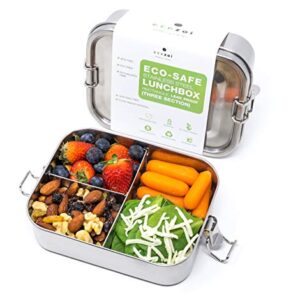 ecozoi Stainless Steel Lunch Box, Leak Proof Metal Bento Box with 3 Compartments, 35 Oz Bento Box, BPA Free Meal Prep Food Container | Bonus 50 ml Sauce Container