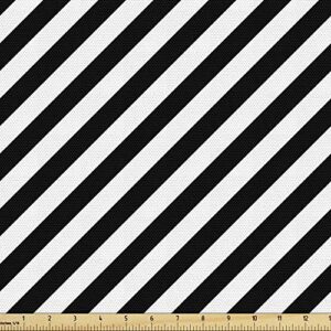 lunarable striped fabric by the yard, diagonal stripes monochrome pattern abstract geometric elements retro inspirations, decorative fabric for upholstery and home accents, 1 yard, black and white