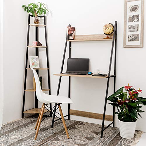 C-Hopetree Ladder Desk with Shelf - Student Study Table - Black Metal Frame