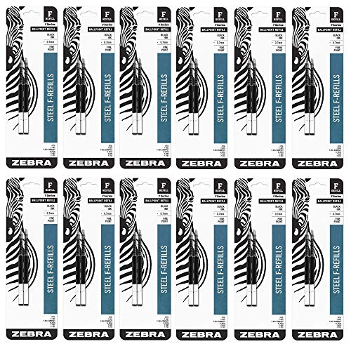 Zebra F-Series Ballpoint Stainless Steel Pen Refill, Fine Point, 0.7mm, Black Ink, 2-Count (12 PACK)