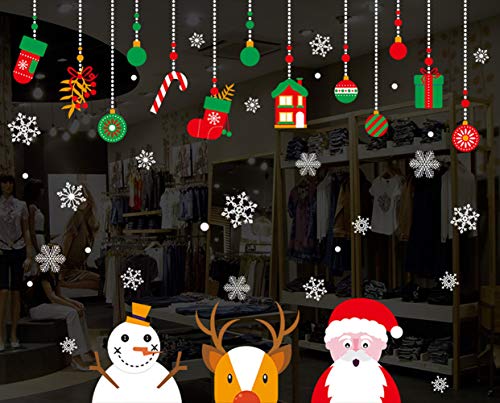 Longten Christmas Window Clings Stickers Santa Claus Reindeer Snowman Removable Vinyl Christmas Tree DIY Wall Window Door Mural Decal Sticker for Showcase