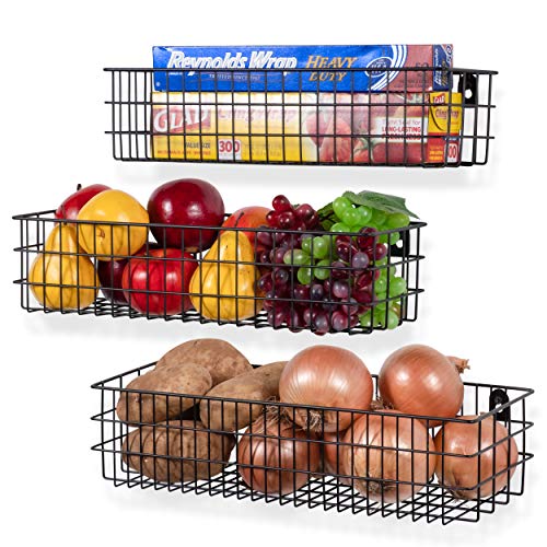 Wall35 Kansas Wall Mounted Metal Wire Baskets for Kitchen Organization and Storage, Varying Sizes Hanging Fruit Basket Set of 3 Black