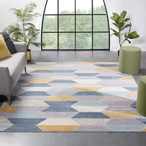 well woven everleigh honeycomb hexagon geometric blue, mustard gold, grey area rug 8x11 (7'10" x 9'10")