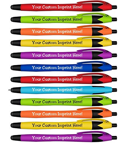 Ballpoint Soft Touch Personalized Ink Pens with Stylus Tip - The Jewel - Click action - Custom - Black writing - Printed Name - Imprinted - Your Logo/Message - FREE PERZONALIZATION (Assorted Colors)