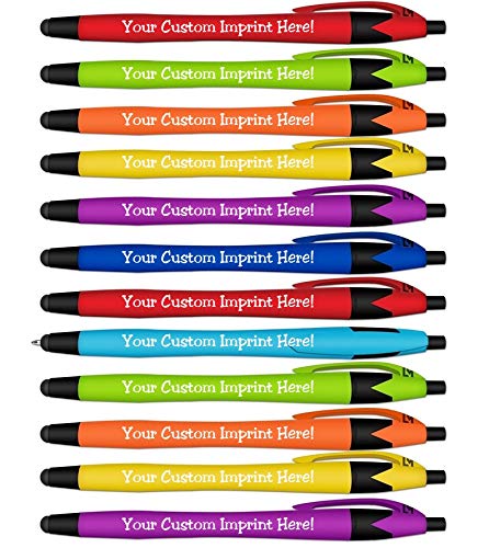 Ballpoint Soft Touch Personalized Ink Pens with Stylus Tip - The Jewel - Click action - Custom - Black writing - Printed Name - Imprinted - Your Logo/Message - FREE PERZONALIZATION (Assorted Colors)