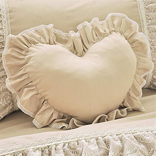 LELVA Solid Color Ruffle Design Detachable Decoration Pillow Heart Throw Pillow Sham Cushion Bed Shaped Sofa Pillows Khaki