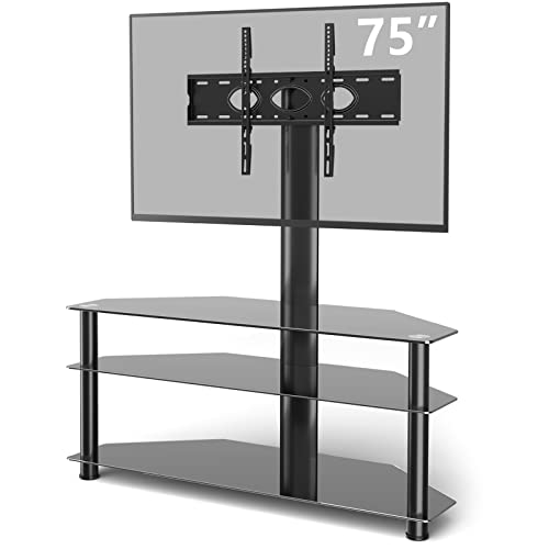 5Rcom Corner TV Stand，TV Stand with Mount with 3 Tier Tempered Glass Shelves for 32-75 Inch TVs, Max VESA 600X400mm, Television Stand