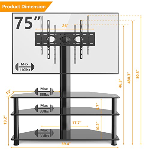 5Rcom Corner TV Stand，TV Stand with Mount with 3 Tier Tempered Glass Shelves for 32-75 Inch TVs, Max VESA 600X400mm, Television Stand