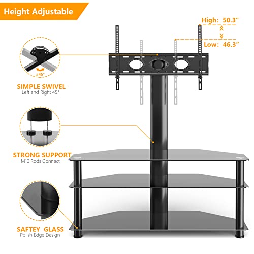 5Rcom Corner TV Stand，TV Stand with Mount with 3 Tier Tempered Glass Shelves for 32-75 Inch TVs, Max VESA 600X400mm, Television Stand