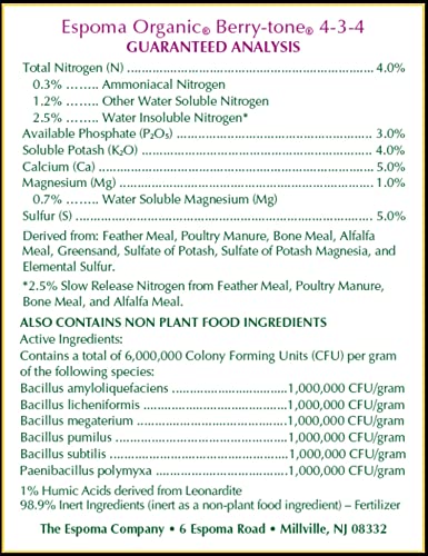 Espoma Organic Berry-Tone 4-3-4 Natural & Organic Fertilizer and Plant Food for All Berries. 4 lb. Bag. Use for Planting & Feeding to Promote Bountiful Harvest