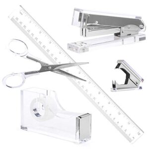 Silver Acrylic Lucite Bundle | Premium Stapler, Tape Dispenser, Scissors, Staple Remover, & Ruler Gift Set | Clear Stationery & Desk Accessories | Modern, High End, Chic, Luxury Office Goods