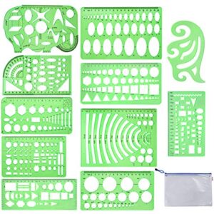 qincling 11 pieces geometric drawings templates stencils plastic measuring template rulers clear green shape template for drawing engineering drafting building school office supplies