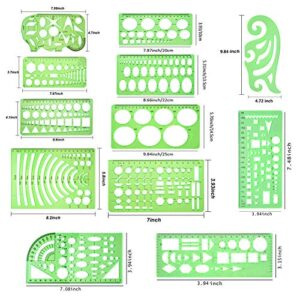 QincLing 11 Pieces Geometric Drawings Templates Stencils Plastic Measuring Template Rulers Clear Green Shape Template for Drawing Engineering Drafting Building School Office Supplies