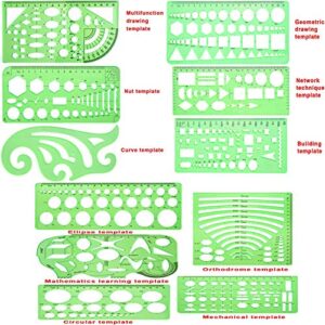 QincLing 11 Pieces Geometric Drawings Templates Stencils Plastic Measuring Template Rulers Clear Green Shape Template for Drawing Engineering Drafting Building School Office Supplies