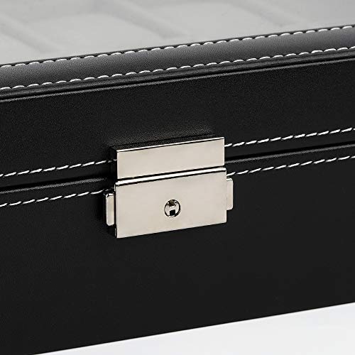 JS NOVA JUNS Watch Box, 24 Slots Mens Watch Organizer Lockable Jewelry Display Case with Large Acrylic Lid Black Faux Leather