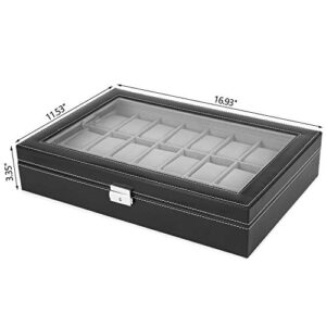 JS NOVA JUNS Watch Box, 24 Slots Mens Watch Organizer Lockable Jewelry Display Case with Large Acrylic Lid Black Faux Leather