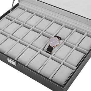 JS NOVA JUNS Watch Box, 24 Slots Mens Watch Organizer Lockable Jewelry Display Case with Large Acrylic Lid Black Faux Leather