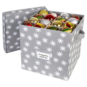 holdn’ storage christmas ornament storage box with lid - christmas decor storage containers that store up to 64 holiday ornaments - grey/white snowflakes trim
