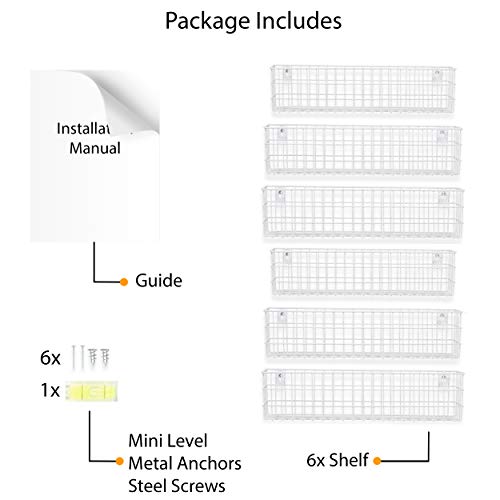 Wall35 Kansas Wall Mounted White Bookshelf for Kids' Room Decor, Metal Wire Storage Basket Set of 6 (Varying Sizes)