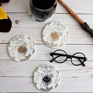 Harry Potter Coasters, Set of 4 Marauders Map Ceramic Coaster Set â€“ Protect Tables from Drink Cups and Glasses â€“ Perfect Harry Potter Gifts for Women and Men â€“ White with Gold Plated Design