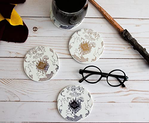 Harry Potter Coasters, Set of 4 Marauders Map Ceramic Coaster Set â€“ Protect Tables from Drink Cups and Glasses â€“ Perfect Harry Potter Gifts for Women and Men â€“ White with Gold Plated Design
