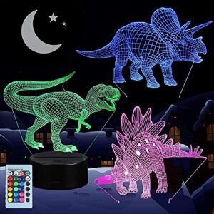 vsaten 3d dinosaur night light for kids, 3d illusion lamp 3-pattern & 16 colors change decor lamp with remote control & smart touch, dinosaur toys for 2 3 4 5 6+ years old