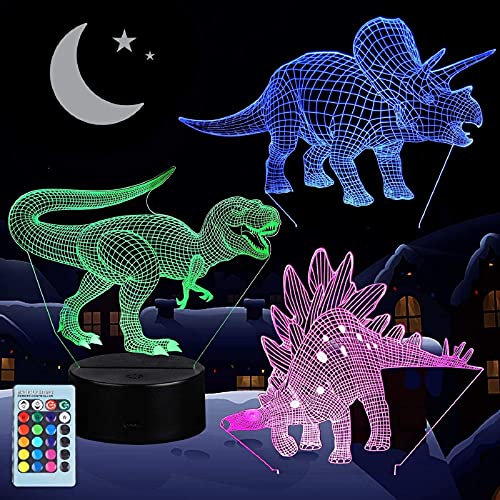 VSATEN 3D Dinosaur Night Light for Kids, 3D Illusion Lamp 3-Pattern & 16 Colors Change Decor Lamp with Remote Control & Smart Touch, Dinosaur Toys for 2 3 4 5 6+ Years Old