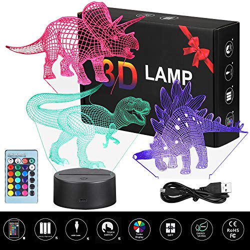 VSATEN 3D Dinosaur Night Light for Kids, 3D Illusion Lamp 3-Pattern & 16 Colors Change Decor Lamp with Remote Control & Smart Touch, Dinosaur Toys for 2 3 4 5 6+ Years Old
