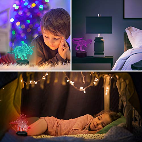 VSATEN 3D Dinosaur Night Light for Kids, 3D Illusion Lamp 3-Pattern & 16 Colors Change Decor Lamp with Remote Control & Smart Touch, Dinosaur Toys for 2 3 4 5 6+ Years Old