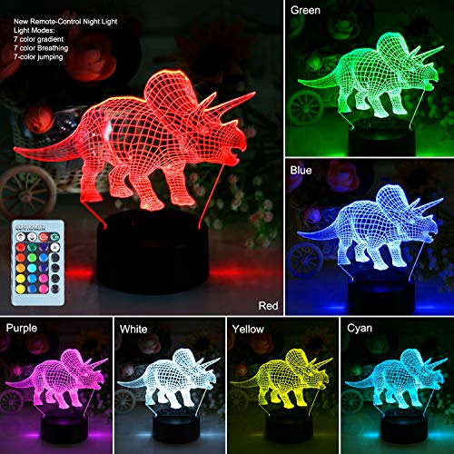 VSATEN 3D Dinosaur Night Light for Kids, 3D Illusion Lamp 3-Pattern & 16 Colors Change Decor Lamp with Remote Control & Smart Touch, Dinosaur Toys for 2 3 4 5 6+ Years Old