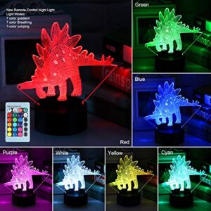 VSATEN 3D Dinosaur Night Light for Kids, 3D Illusion Lamp 3-Pattern & 16 Colors Change Decor Lamp with Remote Control & Smart Touch, Dinosaur Toys for 2 3 4 5 6+ Years Old
