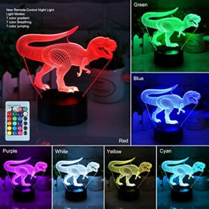 VSATEN 3D Dinosaur Night Light for Kids, 3D Illusion Lamp 3-Pattern & 16 Colors Change Decor Lamp with Remote Control & Smart Touch, Dinosaur Toys for 2 3 4 5 6+ Years Old