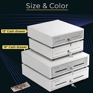 16" Push Open Cash Register Drawer for Point of Sale (POS) System, White Heavy Duty Till with 5 Bills/8 Coin Slots, Key Lock and Double Media Slots