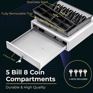 16" Push Open Cash Register Drawer for Point of Sale (POS) System, White Heavy Duty Till with 5 Bills/8 Coin Slots, Key Lock and Double Media Slots