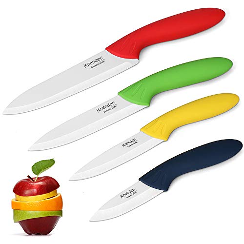 Knendet Ceramic Knife Set, 4 Piece Ultra -Sharp Professional Kitchen Chef Knives with Stain Resistant, Knife Set Multi-Color Handles with Sheath Covers Used for Cooking Vegetable Fruit and Bread