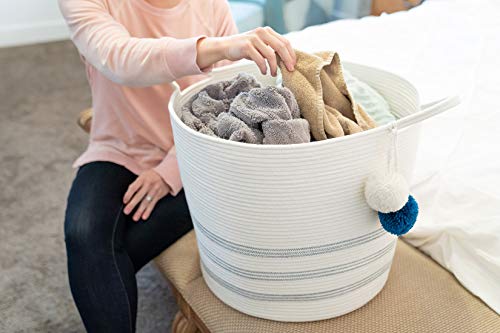 Sweetzer & Orange Extra Large Woven Cotton Rope Storage Basket with Pom-Poms – 16.5”x20.5” - Blanket Storage Baskets, Laundry and Toy Storage, Nursery Hamper - Off White/Navy XXL for Living Room