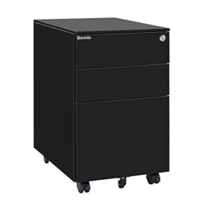 bonnlo black 3 drawer file cabinet with lock, rolling file cabinet for home office, locking file cabinet under desk filing cabinet, mobile office drawers fully extension, assembly required, 23.6" h