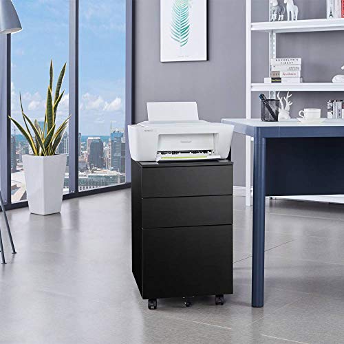 Bonnlo Black 3 Drawer File Cabinet with Lock, Rolling File Cabinet for Home Office, Locking File Cabinet Under Desk Filing Cabinet, Mobile Office Drawers Fully Extension, Assembly Required, 23.6" H