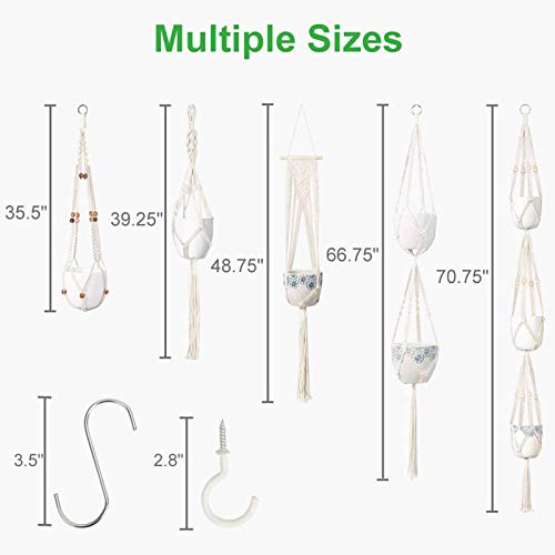 GROWNEER 5 Packs Macrame Plant Hangers with 5 Hooks, Different Tiers, Handmade Cotton Rope Hanging Planters Set Flower Pots Holder Stand, for Indoor Outdoor Boho Home Decor