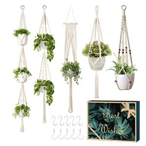 growneer 5 packs macrame plant hangers with 5 hooks, different tiers, handmade cotton rope hanging planters set flower pots holder stand, for indoor outdoor boho home decor