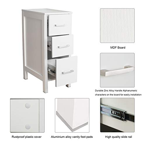 eclife 12" Bathroom Cabinet 3 Drawer Organizer Free Standing Single Vanity, Small Nightstand, White Vanity MDF Vertical Dresser Storage Tower Vanity, Bedroom/Bathroom/Entryway B11W