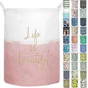 aouker merdes 19.7’’ waterproof foldable laundry hamper, dirty clothes laundry basket, linen bin storage organizer for toy collection(life pink)
