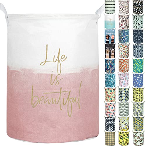 Aouker Merdes 19.7’’ Waterproof Foldable Laundry Hamper, Dirty Clothes Laundry Basket, Linen Bin Storage Organizer for Toy Collection(Life Pink)