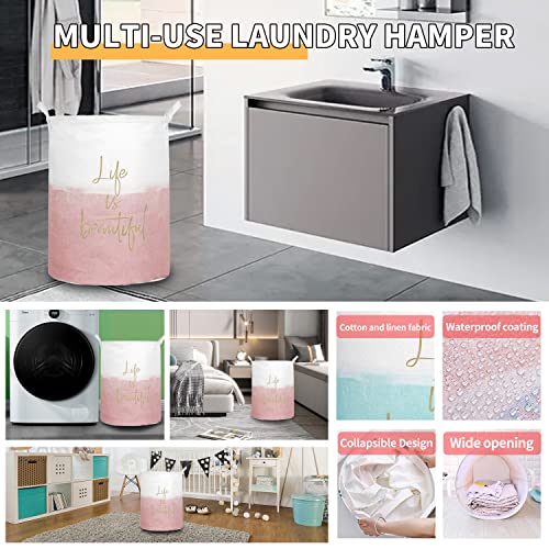 Aouker Merdes 19.7’’ Waterproof Foldable Laundry Hamper, Dirty Clothes Laundry Basket, Linen Bin Storage Organizer for Toy Collection(Life Pink)