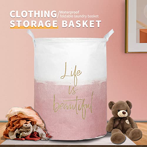 Aouker Merdes 19.7’’ Waterproof Foldable Laundry Hamper, Dirty Clothes Laundry Basket, Linen Bin Storage Organizer for Toy Collection(Life Pink)