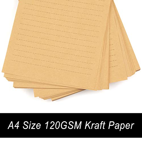 CenterZ 100pcs Vintage Kraft Stationary Paper 8.3 x 11.5 inch, A4 Sheets 120gsm Printable Lined Stationery Writing Letter Papers Bulk Set for Personalized Letters, Creative Poems, Lyrics, Office Notes