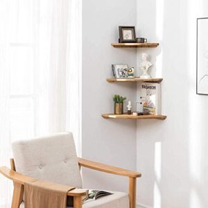 Corner Shelf, 9inch Solid Oak Wood Floating Corner Shelf Wall Mount Round End Floating Speaker Shelf with Wire Hole Display Shelf for Small Plant Photo Frame for Bedroom Kitchen, Living Room