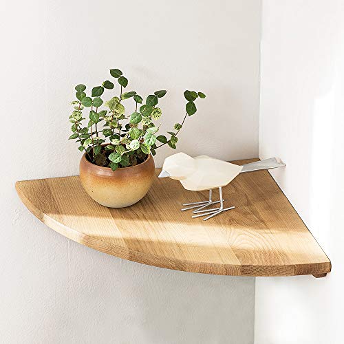 Corner Shelf, 9inch Solid Oak Wood Floating Corner Shelf Wall Mount Round End Floating Speaker Shelf with Wire Hole Display Shelf for Small Plant Photo Frame for Bedroom Kitchen, Living Room